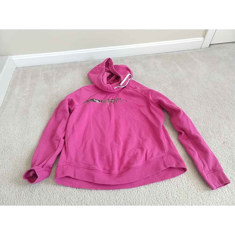 Under Armour Womens Pullover Hoodie Size Medium Pink Camo Logo Loose Fit